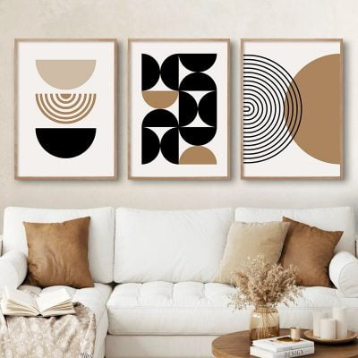 Stylish Minimalist Mid Century Abstract Black Beige Wall Art Decor For Modern Living Room