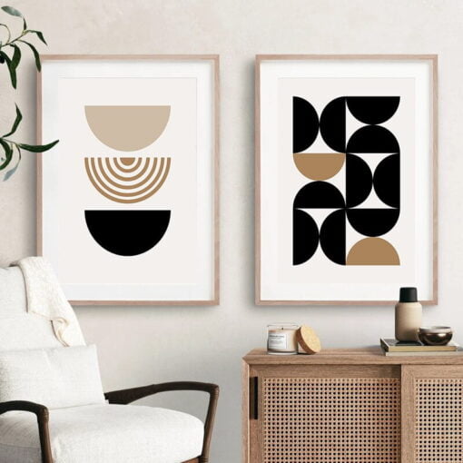 Stylish Minimalist Mid Century Abstract Black Beige Wall Art Decor For Modern Living Room