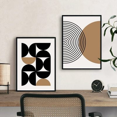 Stylish Minimalist Mid Century Abstract Black Beige Wall Art Decor For Modern Living Room