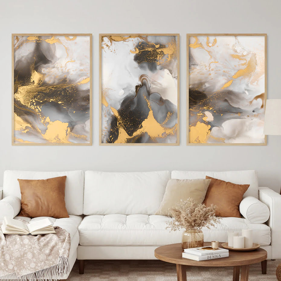 Modern Abstract Golden Beige Gray Liquid Marble Print Wall Art For Living Room