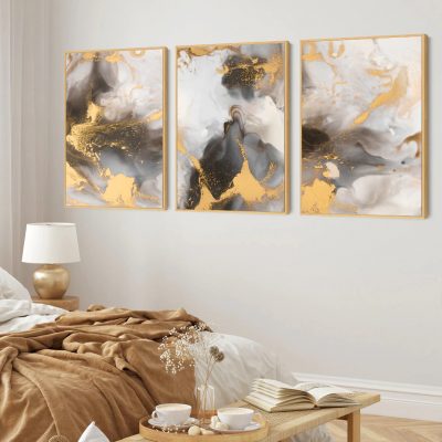 Modern Abstract Golden Beige Gray Liquid Marble Print Wall Art For Living Room Home Decor