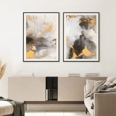 Modern Abstract Golden Beige Gray Liquid Marble Print Wall Art For Living Room Home Decor
