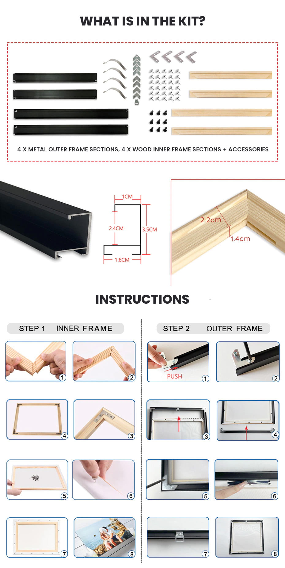 Modern Stylish Floating Picture Frame For Canvas Print Floating Brushed Gold Black Silver White Wood Picture Frame Kit