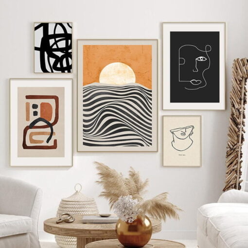 Modern Abstract Mid Century Gallery Wall Art Black Orange Beige Pictures For Living Room