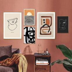 Modern Abstract Mid Century Gallery Wall Art Black Orange Beige Pictures For Living Room