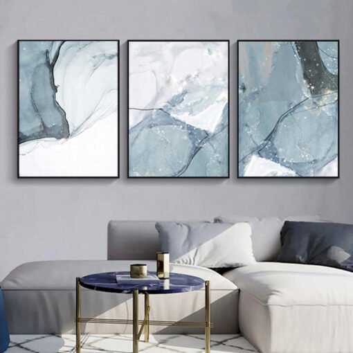 Abstract Blue Gray Marble Print Wall Art Pictures For Modern Living Room Home Office Decor