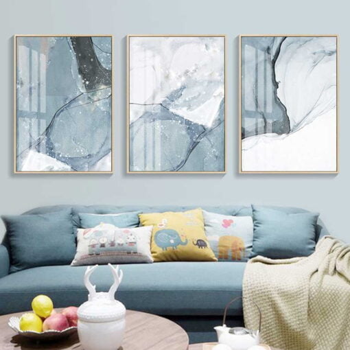 Abstract Blue Gray Marble Print Wall Art Pictures For Modern Living Room Home Office Decor