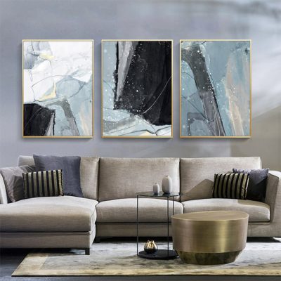 Abstract Blue Gray Marble Print Wall Art Pictures For Modern Living Room Home Office Decor