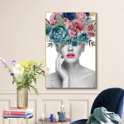 Abstract Colorful Floral Pink Lips Portrait Wall Art For Bedroom Living Room Salon Art Decor