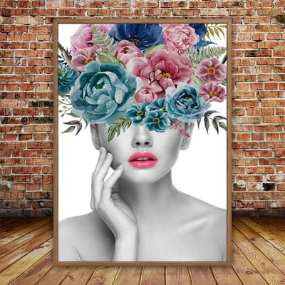 Abstract Colorful Floral Pink Lips Portrait Wall Art For Bedroom Living Room Salon Art Decor