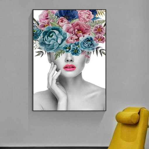 Abstract Colorful Floral Pink Lips Portrait Wall Art For Bedroom Living Room Salon Art Decor