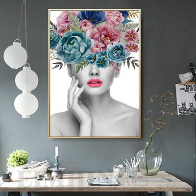 Abstract Colorful Floral Pink Lips Portrait Wall Art For Bedroom Living Room Salon Art Decor