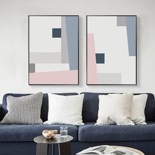 Abstract Geometric Pastel Shades Of Blue Pink Wall Art For Living Room Bedroom Art Decor
