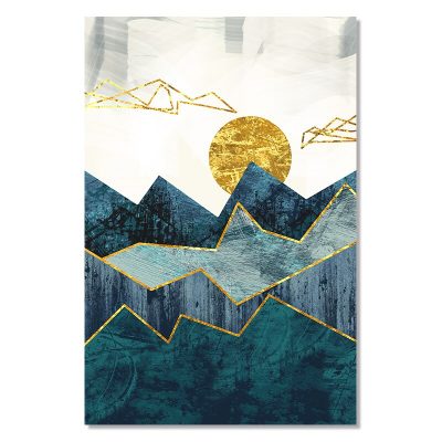 Auspicious Golden Sun Mountain Landscape Nordic Abstract Wall Art For Living Room Decor