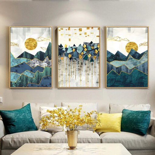 Auspicious Golden Sun Mountain Landscape Nordic Abstract Wall Art For Living Room Decor