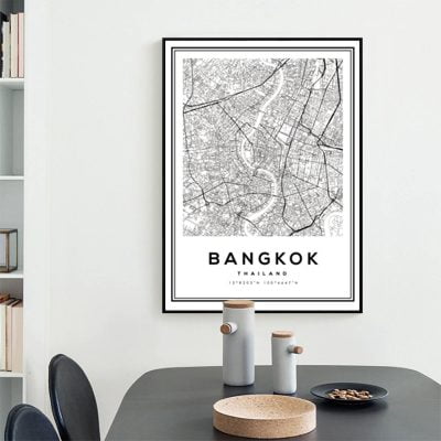 Bangkok Thailand City Map Wall Art Black & White Fine Art Canvas Print For Home Office Decor