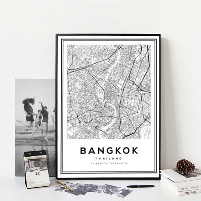 Bangkok Thailand City Map Wall Art Black & White Fine Art Canvas Print For Home Office Decor