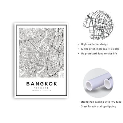 Bangkok Thailand City Map Wall Art Black & White Fine Art Canvas Print For Home Office Decor