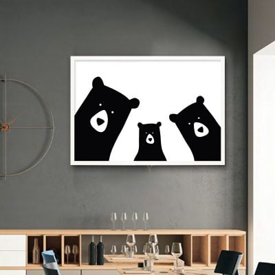 Bear Family Wall Art For Kid's Room Black White Minimalist Nordic Nursery Wall Decoration