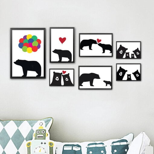 Bear Family Wall Art For Kid's Room Black White Minimalist Nordic Nursery Wall Decoration