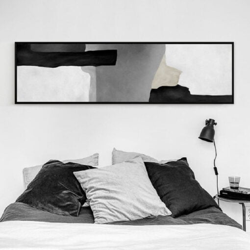 Black Grey Color Block Wall Art Wide Format Abstract Picture For Bedroom Above The Bed