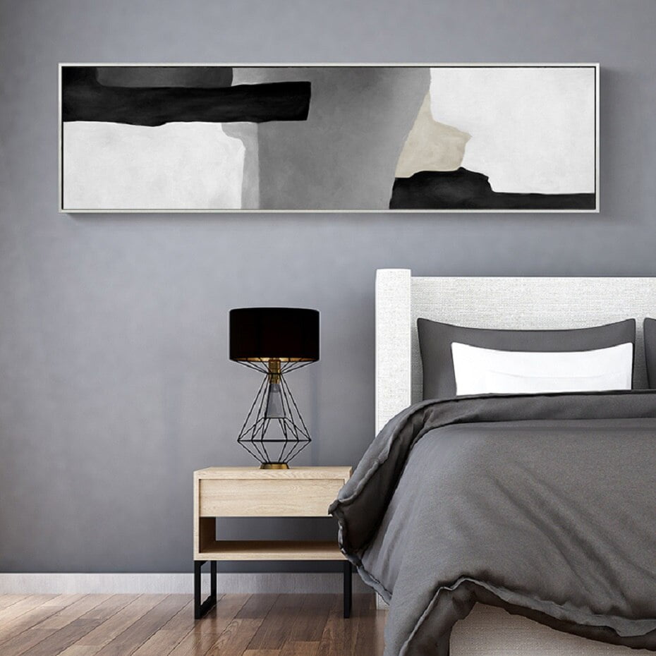Black Grey Color Block Wall Art Wide Format Abstract Picture For Bedroom Above The Bed