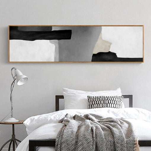 Black Grey Color Block Wall Art Wide Format Abstract Picture For Bedroom Above The Bed