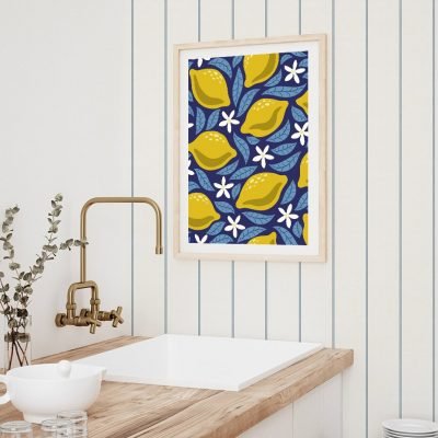 Blue Leaves Yellow Lemons Wall Art Fine Art Canvas Prints Modern Pictures For Kitchen Decor