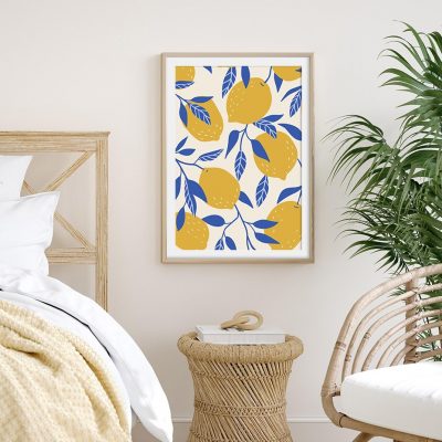 Blue Leaves Yellow Lemons Wall Art Fine Art Canvas Prints Modern Pictures For Kitchen Decor