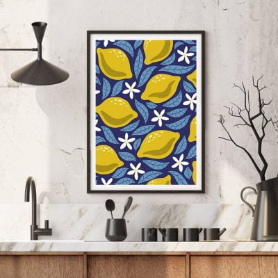 Blue Leaves Yellow Lemons Wall Art Fine Art Canvas Prints Modern Pictures For Kitchen Decor