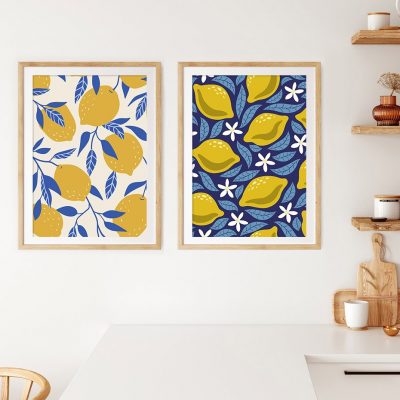 Blue Leaves Yellow Lemons Wall Art Fine Art Canvas Prints Modern Pictures For Kitchen Decor