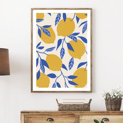 Blue Leaves Yellow Lemons Wall Art Fine Art Canvas Prints Modern Pictures For Kitchen Decor