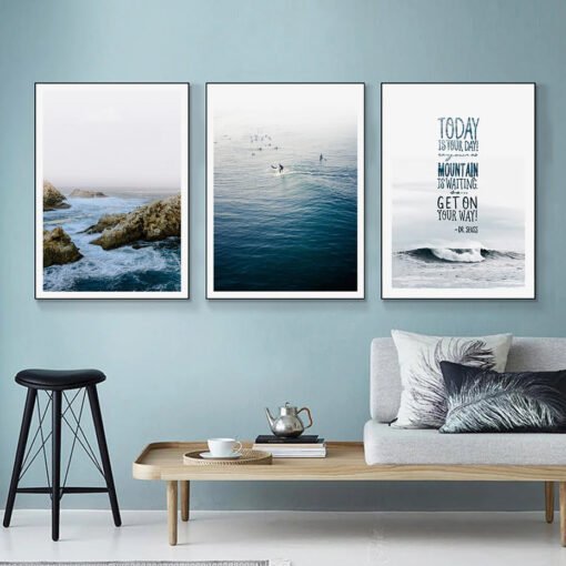 Blue Nordic Coastline Seascape Surf Wall Art Pictures Of Calm For Living Room Home Office