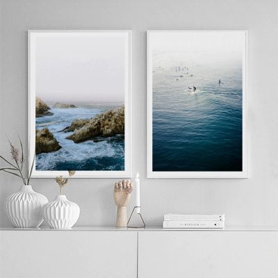 Blue Nordic Coastline Seascape Surf Wall Art Pictures Of Calm For Living Room Home Office