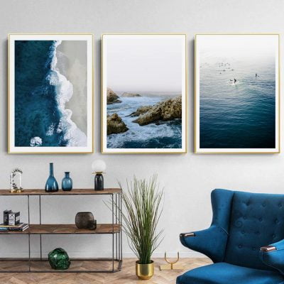 Blue Nordic Coastline Seascape Surf Wall Art Pictures Of Calm For Living Room Home Office