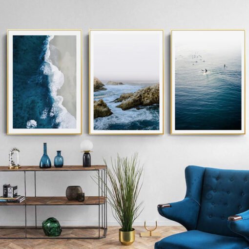 Blue Nordic Coastline Seascape Surf Wall Art Pictures Of Calm For Living Room Home Office