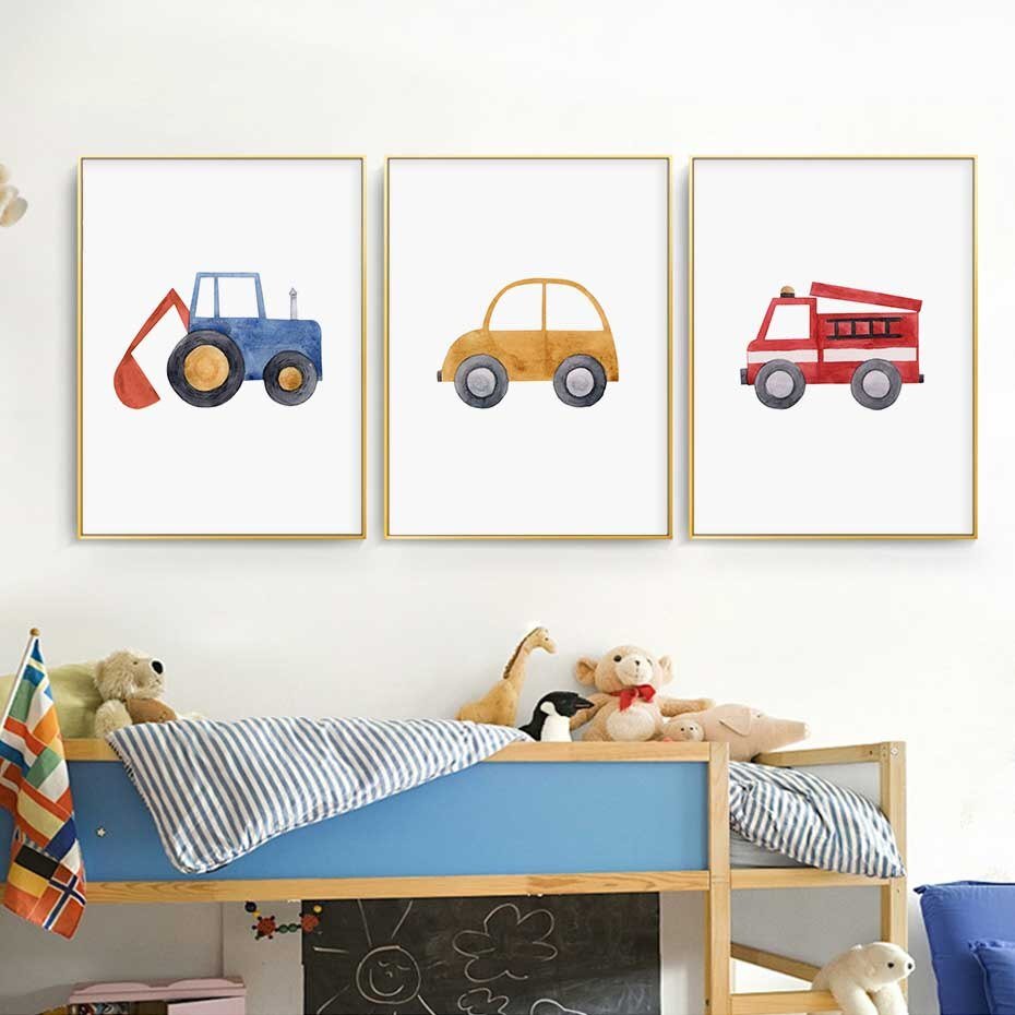 Blue Tractor Wall Art Cute Boys Toys Pictures For Children's Bedroom Nursery Decoration