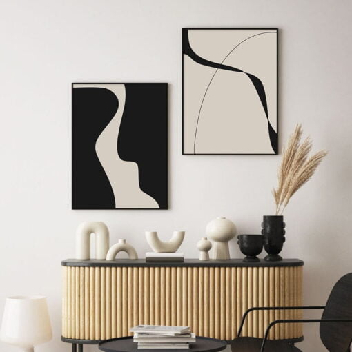 Bold Minimalist Geometric Wall Art Abstract Black Beige Pictures For Modern Living Room