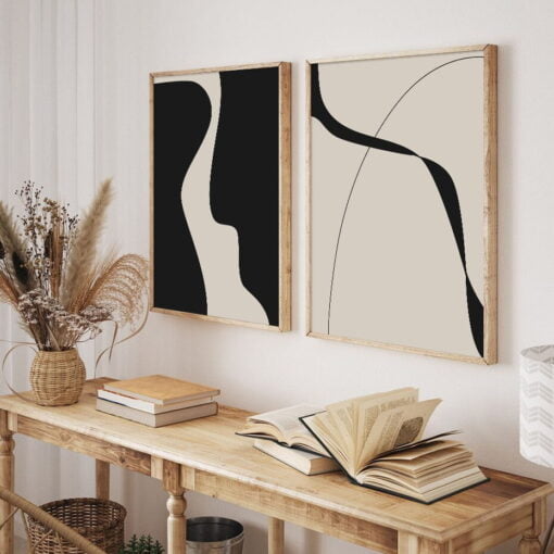 Bold Minimalist Geometric Wall Art Abstract Black Beige Pictures For Modern Living Room