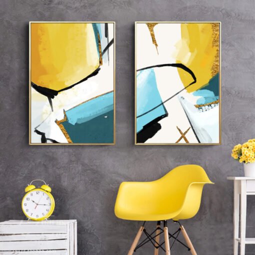 Bright Yellow Blue Nordic Summer Abstract Wall Art Pictures For Modern Living Room Decor