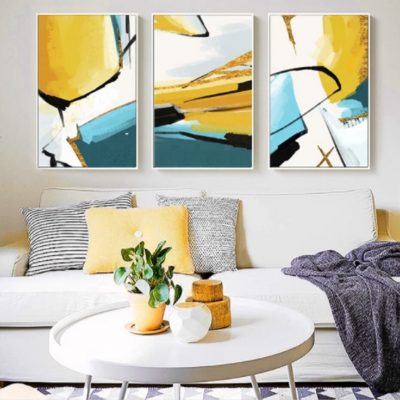 Bright Yellow Blue Nordic Summer Abstract Wall Art Pictures For Modern Living Room Decor