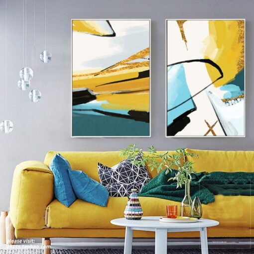 Bright Yellow Blue Nordic Summer Abstract Wall Art Pictures For Modern Living Room Decor