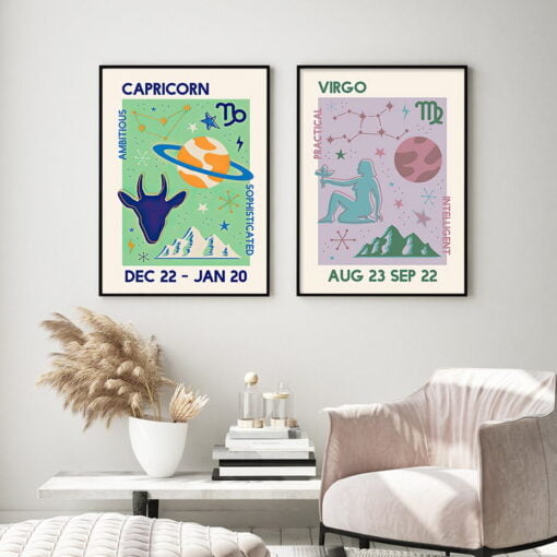 Champagne Abstract Capricorn Virgo Zodiac Gallery Wall Art For Living Room Bedroom Decor
