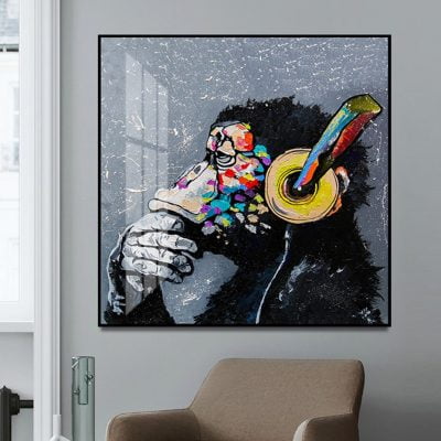 Chimp Thinking With Headphones Wall Art Square Format Picture For Modern Loft Decor