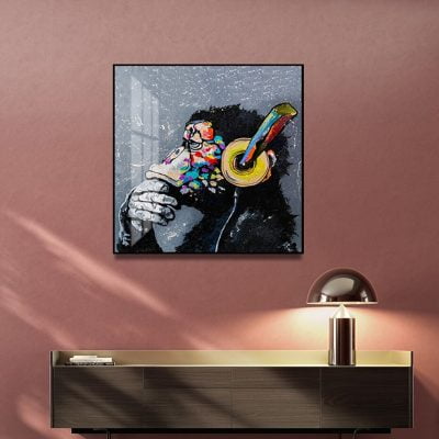 Chimp Thinking With Headphones Wall Art Square Format Picture For Modern Loft Decor