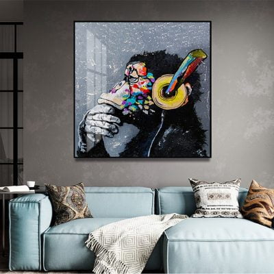 Chimp Thinking With Headphones Wall Art Square Format Picture For Modern Loft Decor