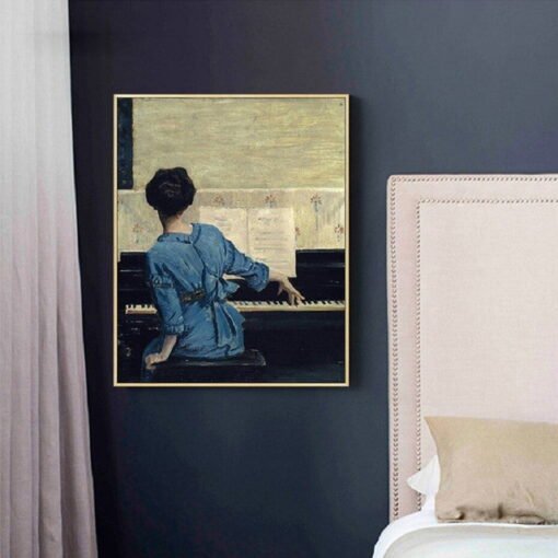 Classical Vintage Piano Girl Wall Art Fine Art Canvas Print For Bedroom Living Room Decor