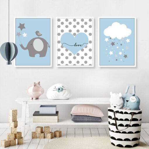 Cute Personalized Nordic Nursery Wall Art Blue White Pictures For Baby's Room Decor