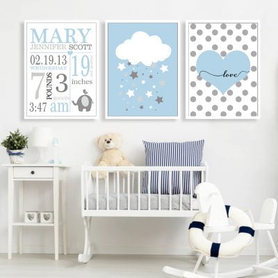 Cute Personalized Nordic Nursery Wall Art Blue White Pictures For Baby's Room Decor