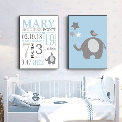 Cute Personalized Nordic Nursery Wall Art Blue White Pictures For Baby's Room Decor